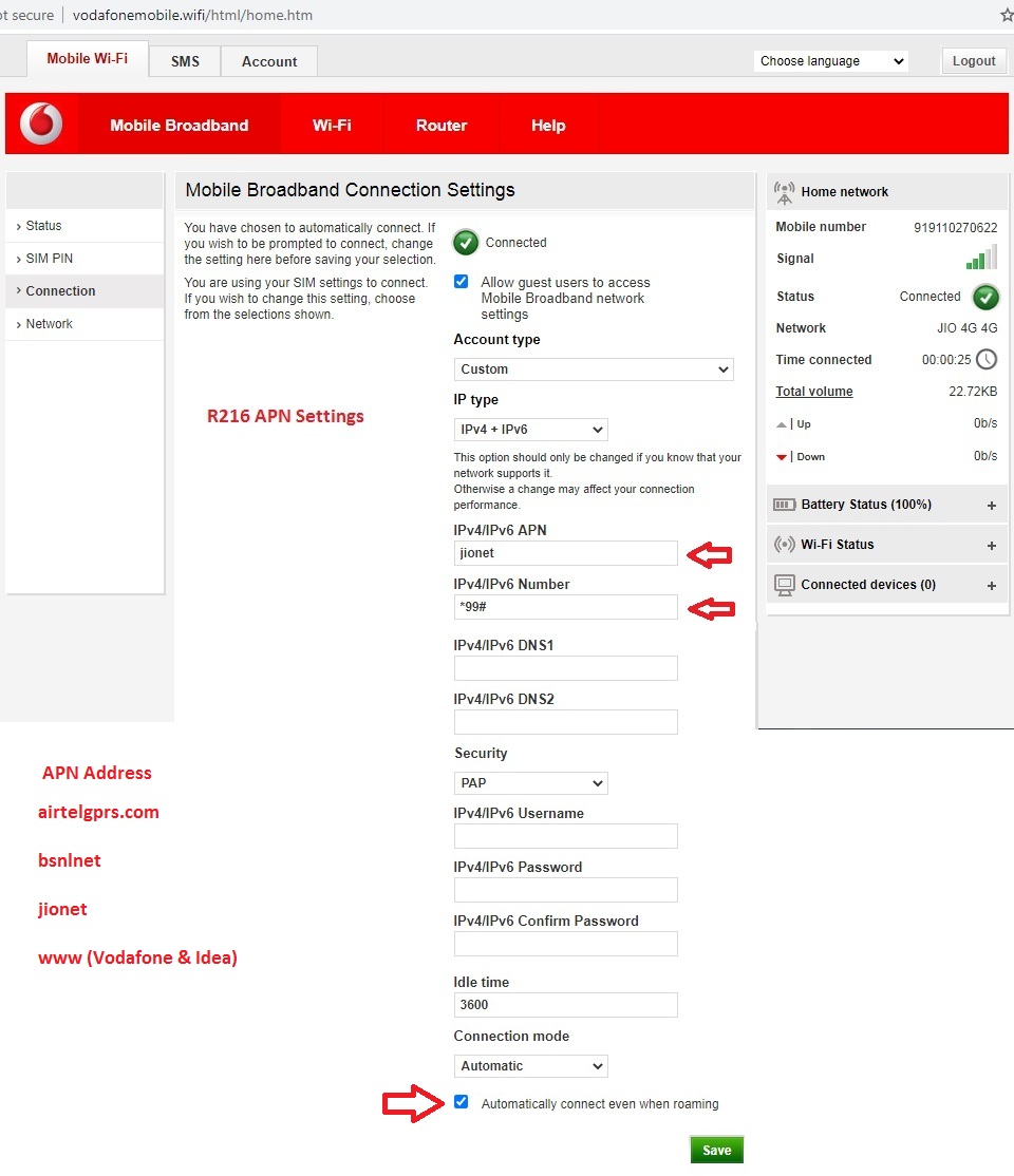 Vodafone R216 APN Settings